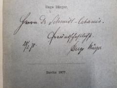 J / 1764 (Schmidt-Cabanis, [?]), 'Herrn Dr Schmidt-Cabanis. Freundschaftlichst. Hugo Bürger'. 