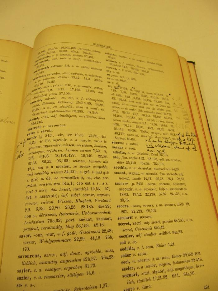 Ct 524 ao: Chrestomathie de l'ancien francais (VIIIe-XVe siècles) : Accompagnée d'une grammaire et d'un glossaire (1910);J / 1482 (unbekannt), Von Hand: Annotation. 