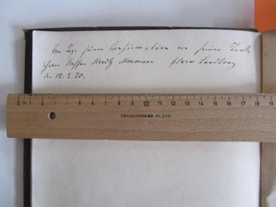 III 3770: Deutscher Balladenschatz (1867);J / 1081 (Neumann, Moritz;Sandberg[?], Flora[?]), Von Hand: Name, Datum, Widmung; 'Am Tage seiner Confirmation von seiner Tante, ihrem Neffen Moritz Neumann Flora Sandberg am 12.2.70'. 