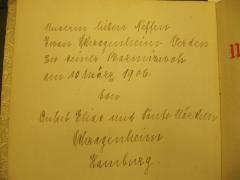 G45II / 676 (Schragenheim, Iwan), Von Hand: Name, Ortsangabe, Datum, Widmung; 'Unserem lieben Neffen Iwan Schragenheim Verden zu seiner Barmizwah am 10 März 1906. von Onkel Elias und Tante Clärchen Schragenheim Hamburg.'. 