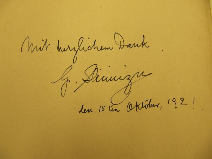 IV 5017 1921: Die Kunst Ostasiens (1921);J / 848 (Slimizer[?], G.[?]), Von Hand: Name, Datum, Widmung; 'Mit herzlichem Dank. G.[?] Slimizer[?] den 15ten Oktober, 1921'. 