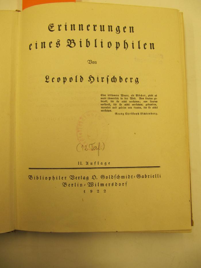 XIV 6768 b: Erinnerungen eines Bibliophilen (1922)