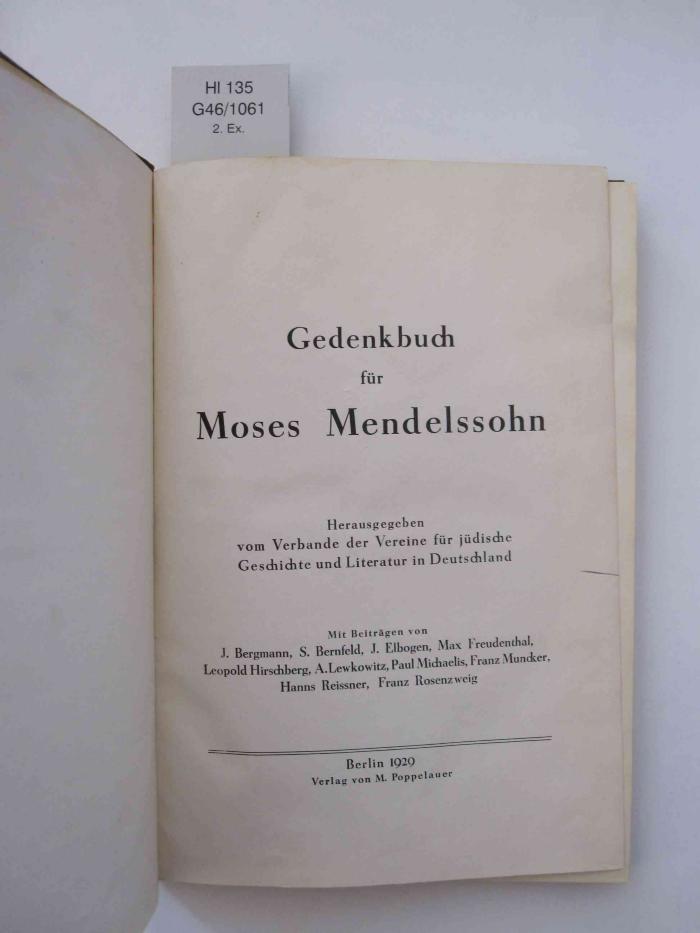 Hl 135: Gedenkbuch für Moses Mendelsohn (1929)