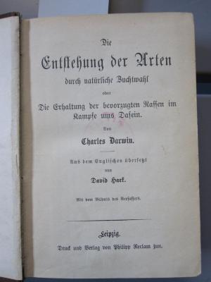 Kg 1259: Die Entstehung der Arten durch natürliche Zuchtwahl