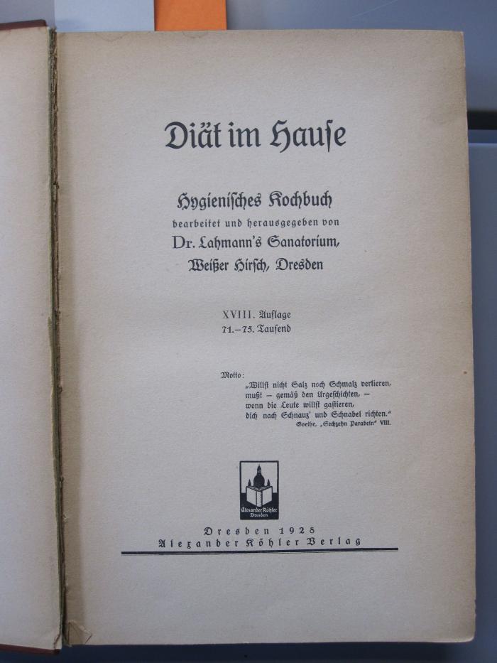 Ki 414 ah: Diät im Hause : hygienisches Kochbuch (1928)