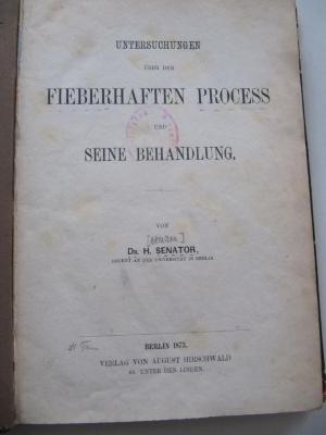 Kk 735: Untersuchungen über den fieberhaften Process und seine Behandlung (1873)