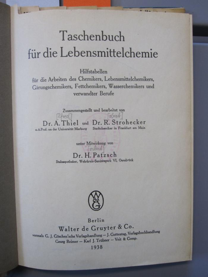 Ts 252: Taschenbuch für die Lebensmittelchemie : Hilfstabellen für die Arbeiten des Chemikers, ... (1938)