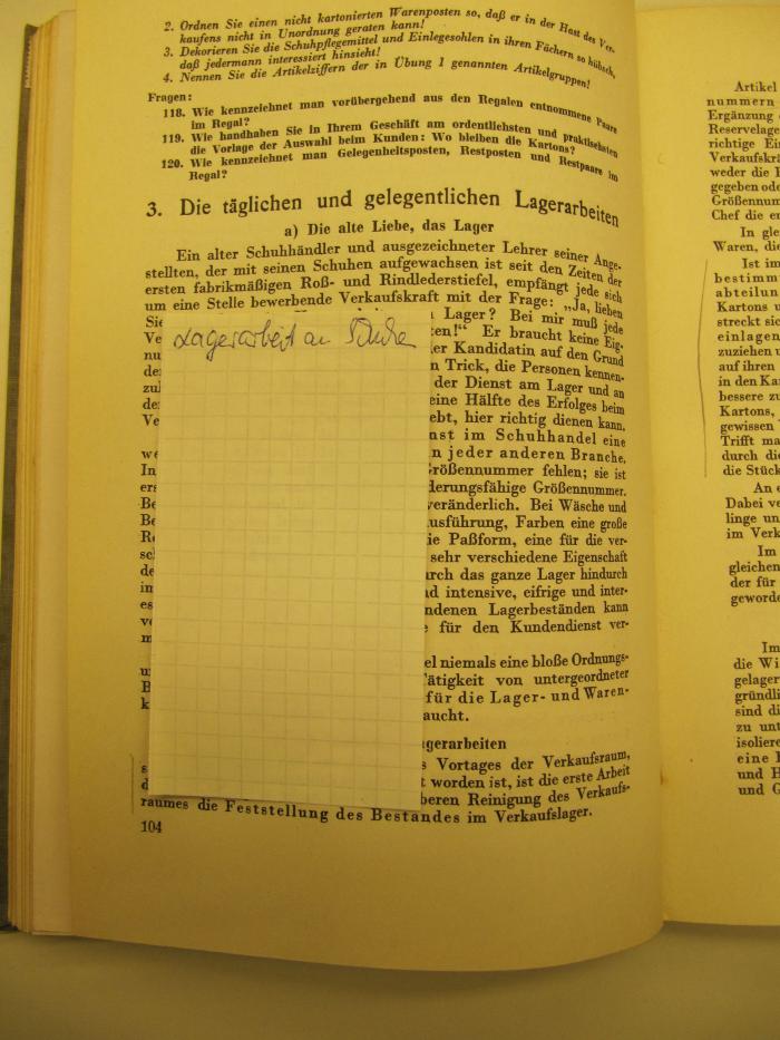 Ml 659: Leitfaden für den Schuhverkäufer : Fachkunde und Verkaufskunde ([1930]);J / 1307 (unbekannt), Papier: Notiz; 'Lagerarbeit an Schuhen'. 