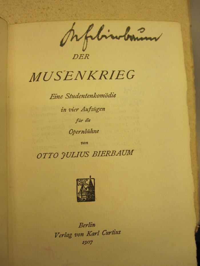 Cm 7470: Der Musenkrieg (1907);50 / 1636 (Bierbaum, Otto Julius), Von Hand: Autogramm, Name, Autor; '[OttJu?]bierbaum'. 