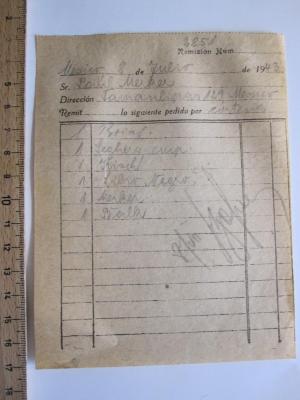  Hitlerism : The iron fist in Germany (1932);- (Merker, Paul), Papier: Name, Ortsangabe, Datum; '[Remison Num.] 2851
Mexico 8 [de] Julio [de 19]43
[Sr.] Paul Merker
[Dirección] Tamaulipas 129 Mexico
[Remit.........lo siguiente pedido por] cortesia
1 Brial
1 Seghers emp.
1 Kisch
1 "Libro Negro"
1 Merker
1 Balk

8/VII [..............]'. 