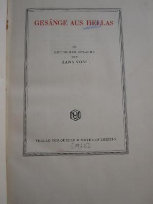 Cn 276 x: Gesänge aus Hellas / in dt. Sprache von Hans Voss ([1922])