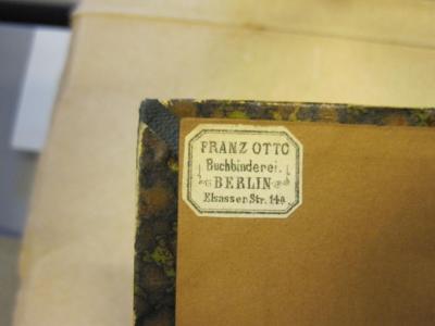 48 / 2414 (Buchbinderei Franz Otto (Berlin)), Etikett: Buchbinder, Name, Berufsangabe/Titel/Branche, Ortsangabe; 'Franz Otto
Buchbinderei.
Berlin
Elsasser Str. 14a
'.  (Prototyp);Uk 770 3,133-148,150-156,..: Agapitus II ([1939])