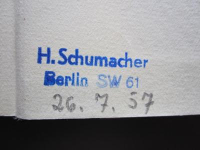 Erd 441 14: Flandern-Niederdeutschland (1939);56 / 18117 (Schumacher, H. (Buchbinder)), Stempel: Buchbinder, Ortsangabe; 'H. Schumacher 
Berlin SW 61'. ;56 / 18117 (Schumacher, H. (Buchbinder)), Von Hand: Datum; '26.7.57'. 