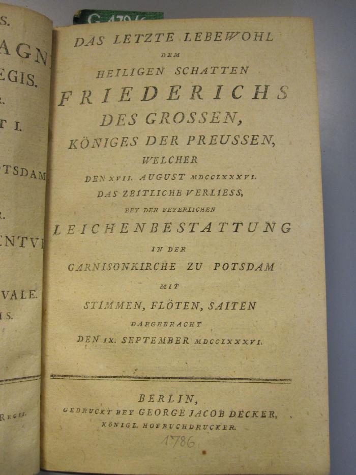 G 479 6: Das letzte Lebewohl dem heiligen Schatten Friederichs des Grossen [...] (1786)