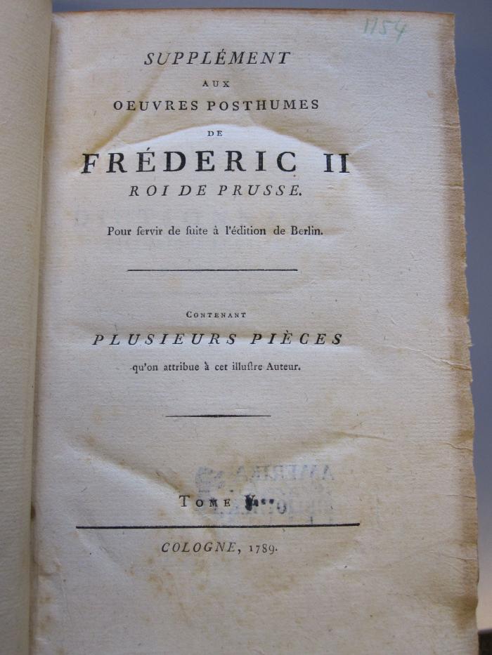 G 469 10sSupp5-6: Supplément aus oeuvres posthumes de FrédericII roi de prusse (1789)