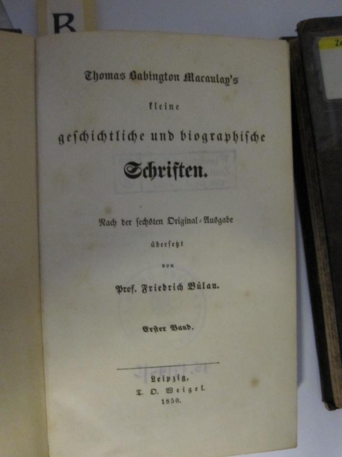 A 475 Mac1_1-2: Thomas Babington Macaulay's kleine geschichtliche und biographische Schriften. (1850)