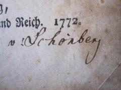 - (Schönberg, [?] von), Von Hand: Autogramm, Name; 'v Schönberg'. 