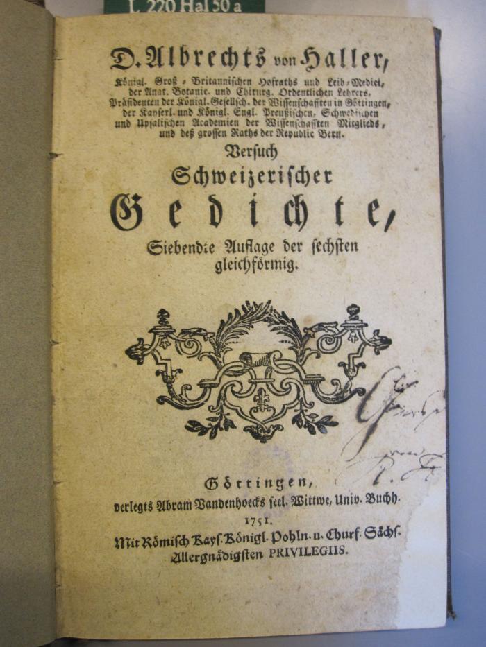L 220 Hal50a: Versuch Schweizerischer Gedichte (1751)