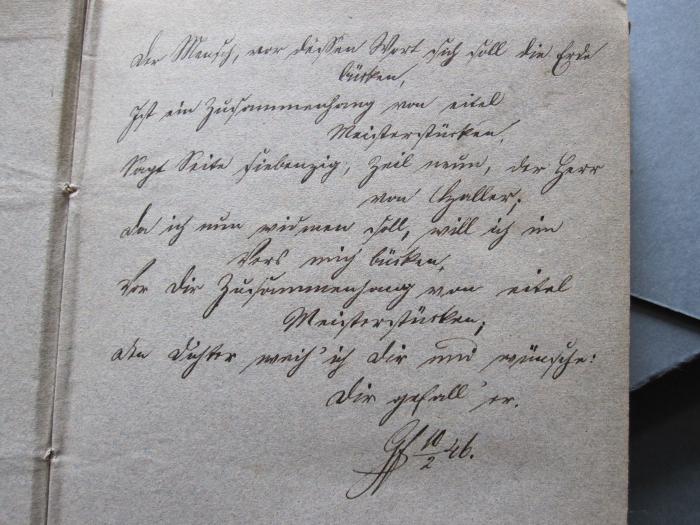 L 220 Hal50a: Versuch Schweizerischer Gedichte (1751);56 / 16099 (unbekannt), Von Hand: Widmung; 'Der Mensch, [...]
Gf 10/2 46.'. 