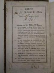 - (Berliner Turnerschaft), Etikett: Berufsangabe/Titel/Branche, Name, Ortsangabe, Nummer; 'Bücherei der [V.] Männer-Abteilung der Berliner Turnerschaft Nr. 168
Auszug aus der Bücherei-Ordnung.
[...]'.  (Prototyp)