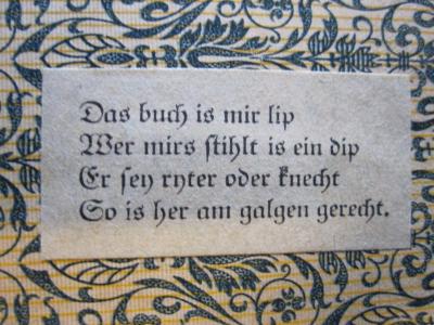 G 216 104_1: Der Feldzug in Böhmen und Mähren. (1871);- (Lischke, Reinhold), Etikett: -; 'Das buch is mir lip Wer mirs stihlt is ein dip Er sey ryter oder knecht So is her am galgen gerecht.'. 