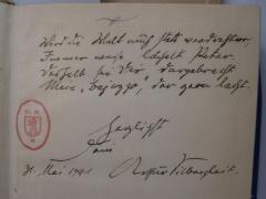 G46 / 714 (Silbergleit, Arthur;[?], Peter), Von Hand: Name, Datum, Widmung; 'Wird die Welt auch stets verdrehter,
Immer weise lächelt Peter.
Deshalb sei Dir dargebracht
Mein "Bajazzo", der gern lacht.
Herzlichst
Dein Arthur Silbergleit 
31. Mai 1941 '. 