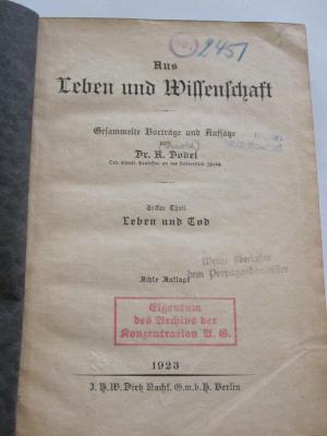 Ka 335 1-3: Leben und Tod : Bauer, Arbeiter, Wissenschaftler : Moses oder Darwin? (1923);G45 / 2800 (unbekannt), Von Hand: Preis; '8,-'. ;G45 / 2800 (unbekannt;Goebbels, Joseph), Von Hand: Nummer; '245/'. ;G45 / 2800 (unbekannt;Reichsministerium für Volksaufklärung und Propaganda), Stempel: Nummer; 'MP I'.  (Prototyp)