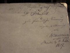 38 / 3336 (Mahlmann, H.;Schubert, Geh. Regierungsrat Prof. Dr.), Von Hand: Name, Berufsangabe/Titel/Branche, Datum, Widmung; 'Herrn Geh. Regierungsrath Professor Dr. Schubert zur freundlichen Erinnerung ergebenst überreicht von H. Mahlmann Berlin, d. 5. Octbr. 1857.'. 