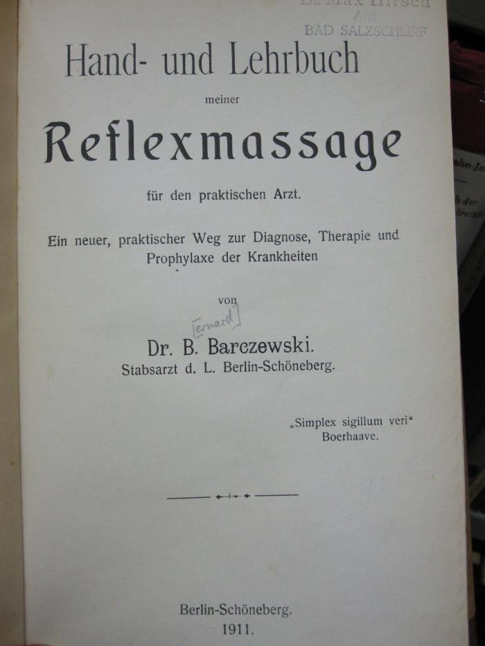 Km 233: Hand- und Lehrbuch meiner Reflexmassage für den praktischen Arzt : ein neuer, praktischer Weg zur Diagnose, Therapie und Prophylaxe der Krankheiten (1911)