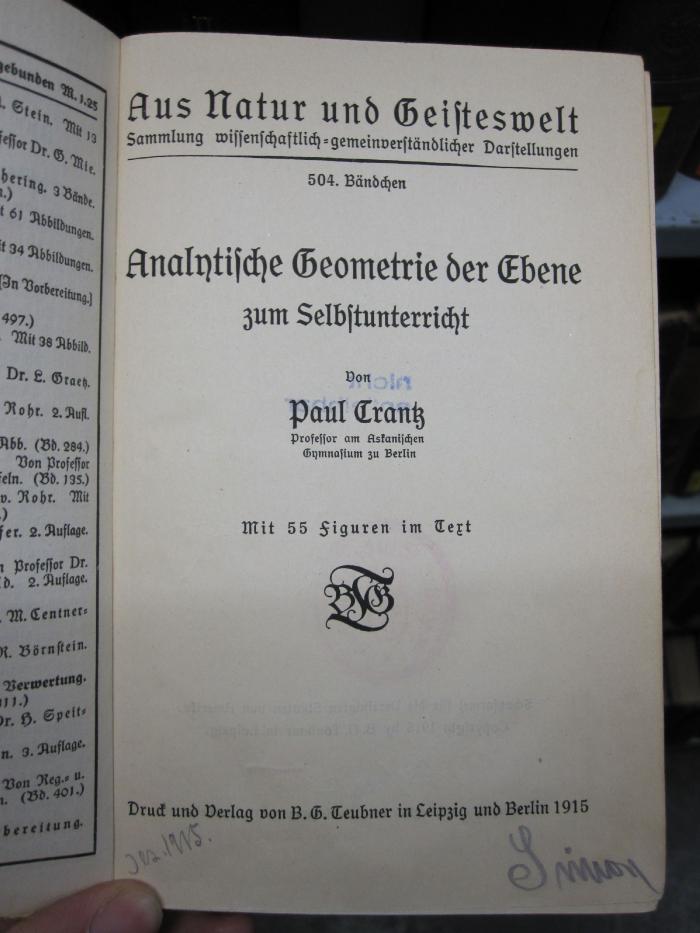 IX 461: Analytische Geometrie der Ebene zum Selbstunterricht (1915)