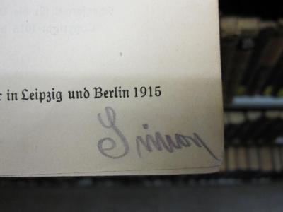 IX 461: Analytische Geometrie der Ebene zum Selbstunterricht (1915);D51 / 483 (Simon, [?] (1)), Von Hand: Autogramm, Name; 'Simon'. 