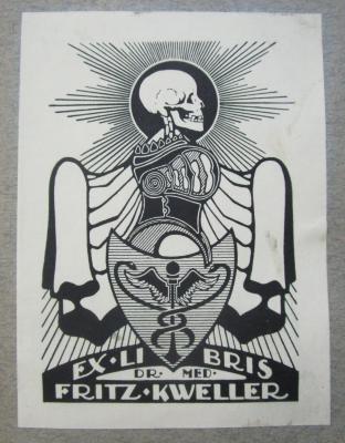 Km 234 c: Handbuch der Narkose und der Vorbereitung von Operationen : Für Ärzte, Studierende und Operationsschwestern (1922);D51 / 377 (Kweller, Fritz), Etikett: Exlibris, Name, Wappen, Berufsangabe/Titel/Branche; 'Ex Libris 
Dr. Med. 
Fritz Kweller'.  (Prototyp)
