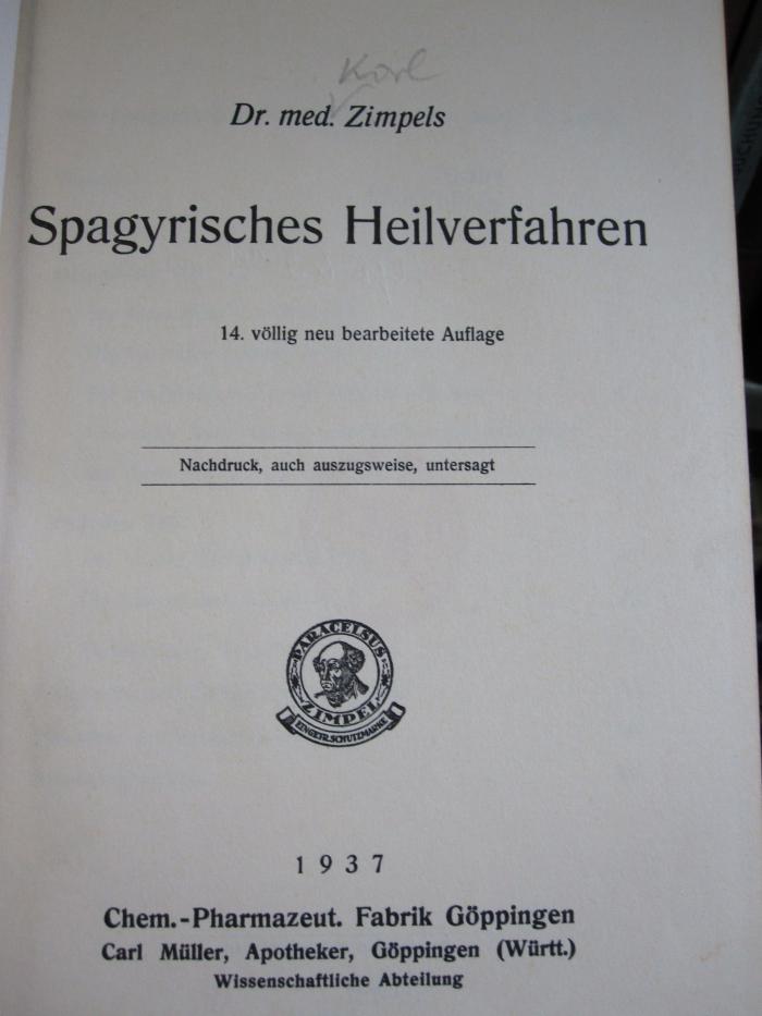 Kp 65 ad: Spagyrisches Heilverfahren (1937)