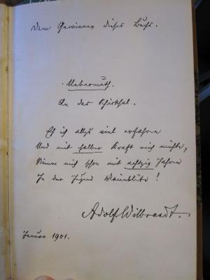 L 238 Wilb 51: Die Maler : Lustspiel in drei Aufzügen (1901);- (Wilbrandt, Adolf (Widmungsgeber)), Von Hand: Widmung; 'Adolf Wilbrandt
Januar 1901'. 