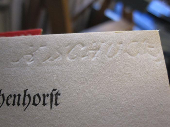L 242 Haup G 109: Die Hochzeit auf Buchenhorst : Erzählung (1932);- (Schuck, K.), Abdruck/Abklatsch: Autogramm; 'K. Schuck'. 