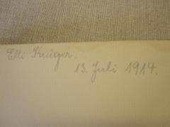 - (Krüger, Elli), Von Hand: Autogramm; 'Elli Krüger. 13. Juli 1914.'. 