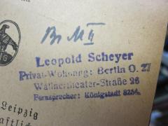 D51 / 182 (Scheyer, Leopold), Stempel: Name, Ortsangabe; 'Leopold Scheyer Privat-Wohnung: Berlin O. 27 Wallnertheater-Straße 26 Fernsprecher: Königstadt 8254.'. 