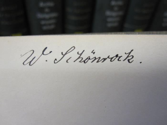 I 6618: Die Entstehung des Gottesgedanken und der Heilbringer (1905);D51 / 255 (Schönrock, W.), Von Hand: Autogramm; 'W. Schönrock.'. 