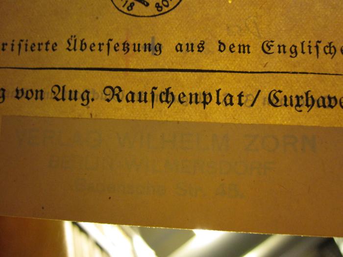 Ug 1046: Das Reich der Vollendung ([1924]);D51 / 246 (Verlag Wilhelm Zorn), Stempel: Name, Ortsangabe; 'Verlag Wilhelm Zorn 
Berlin Wilmersdorf 
Badensche Str. 45.'. 