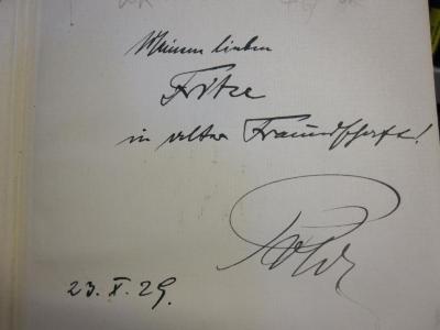 Kk 1057: Anatomische Organkrankheiten aus seelischer Ursache (1930);D51 / 377 (Kweller, Fritz), Von Hand: Datum, Widmung; 'Meinem lieben Fritze in alter Freundschaft! Pa[...] 23.X.29.'. 