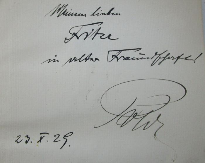D51 / 377 (Kweller, Fritz;P[...][?]), Von Hand: Datum, Widmung, Autogramm, Name; 'Meinem lieben Fritze in alter Freundschaft! 
P[...] 23.X.29.'. ;Kk 1057 2.Ex.: Anatomische Organkrankheiten aus seelischer Ursache (1930)