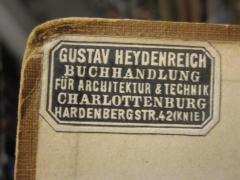 D51 / 384 (Buchhandlung Gustav Heydenreich), Etikett: Buchhändler, Name, Ortsangabe; 'Gustav Heydenreich Buchhandlung für Architektur &amp; Technik Charlottenburg Hardenbergstr. 42 (KNIE)'. 