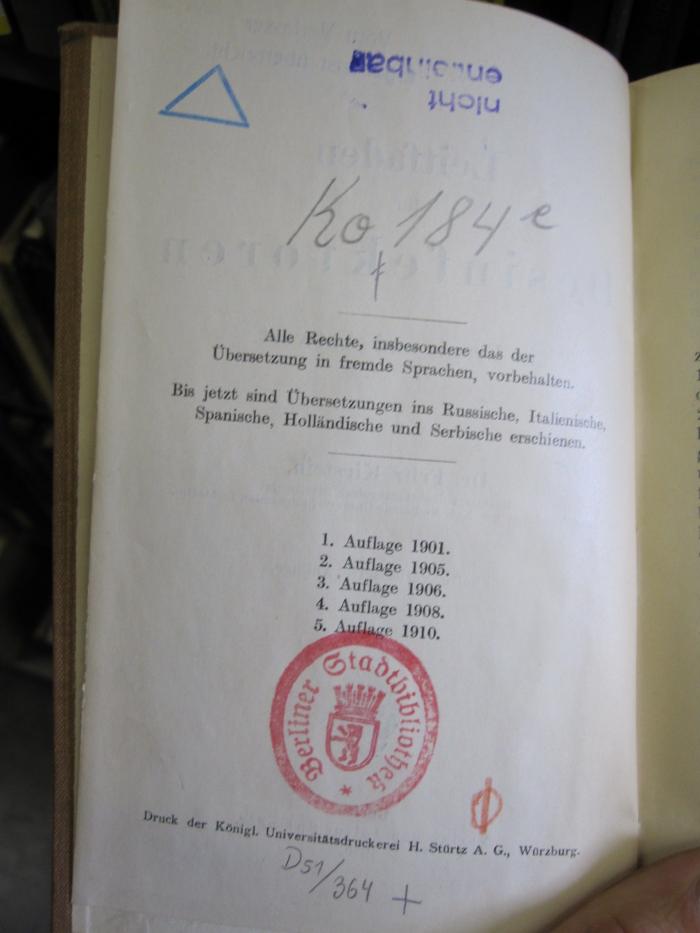 Ko 184 e: Leitfaden für Desinfektoren (1916);D51 / 364 (unbekannt), Stempel: -. 