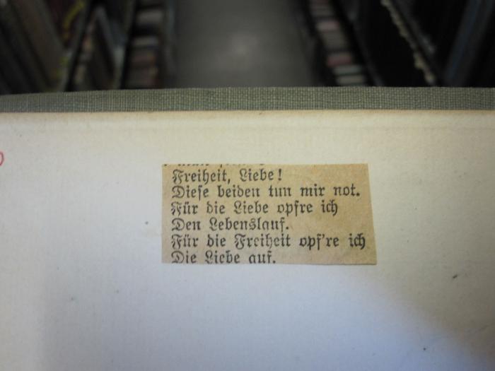 VIII 1017 1901: Wenigen und die Vielen, Die (1901);D51 / 662, Papier: Motto; 'Freiheit, Liebe! Diese beiden tun mit Not. Für die Liebe opfre ich Den Lebenslauf. Für die Freiheit opf're ich Die Liebe auf.'
