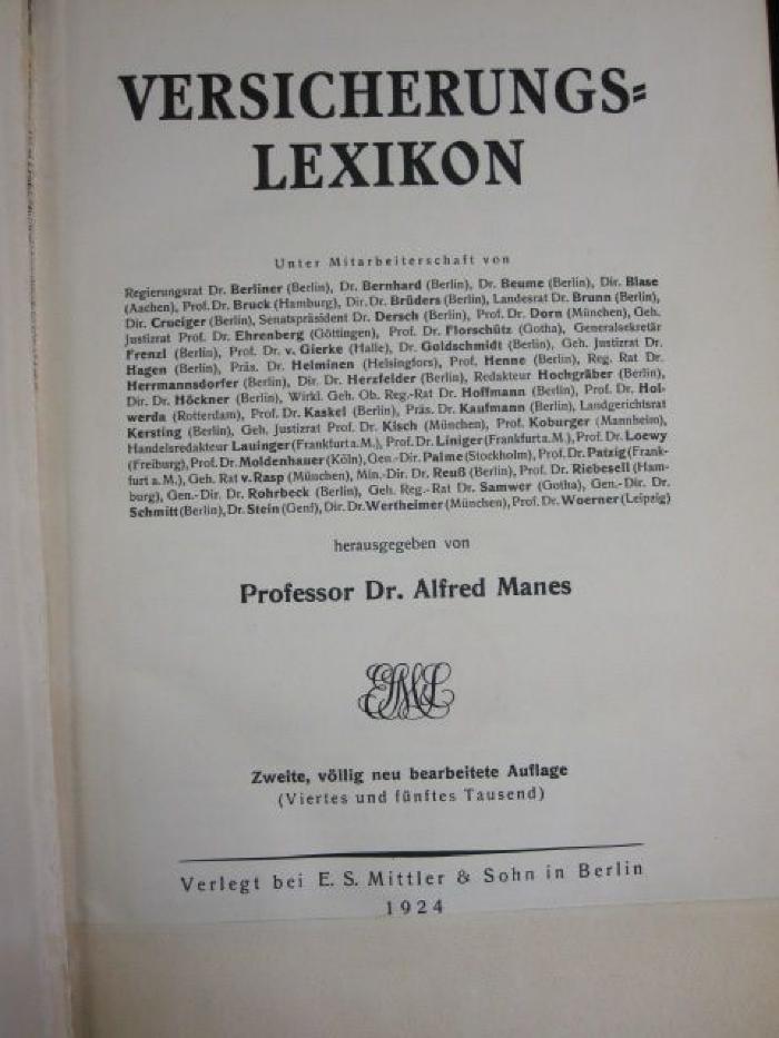 VII 1092 b: Versicherungs-Lexikon (1924)