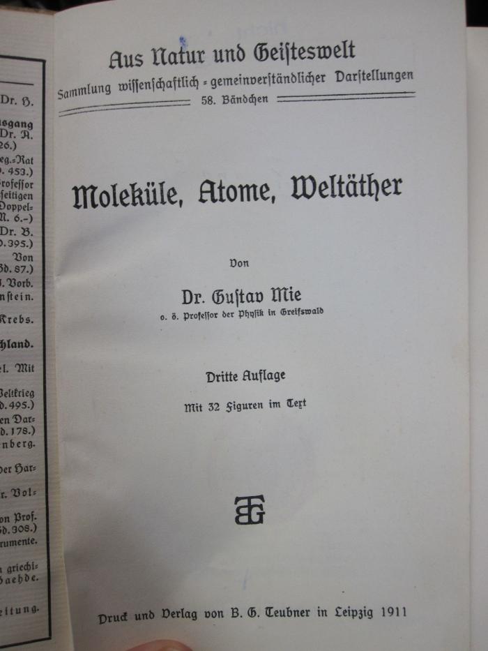 X 1160 c: Moleküle, Atome, Weltäther (1911)