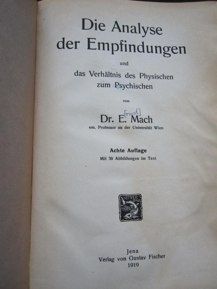 Hd 23 h: Analyse der Empfindungen und das Verhältnis des Physischen zum Psychischen, Die (1919)