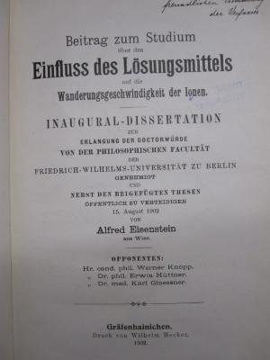 Kd 539: Beitrag zum Studium über den Einfluss des Lösungsmittels auf die Wanderungsschwierigkeit der Ionen (1902)
