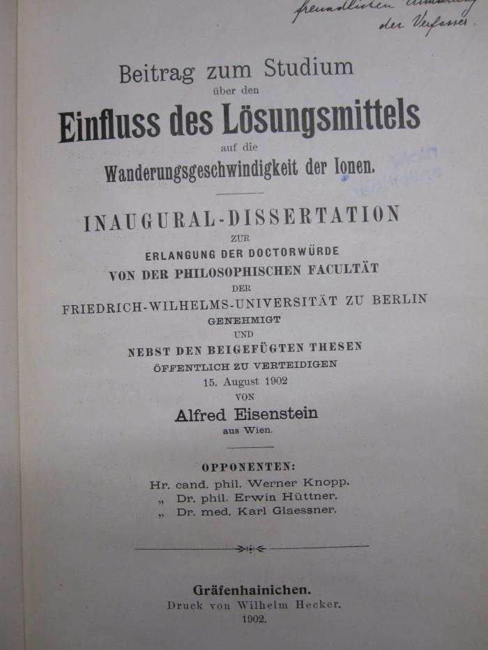 Kd 539: Beitrag zum Studium über den Einfluss des Lösungsmittels auf die Wanderungsschwierigkeit der Ionen (1902)