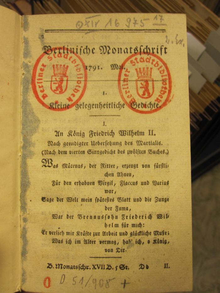 XIV 16975 17: Berlinische Monatsschrift (1791)